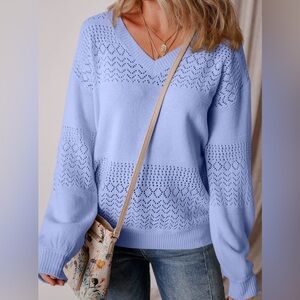 Blue Eyelet Pattern Detail V Neck Sweater
